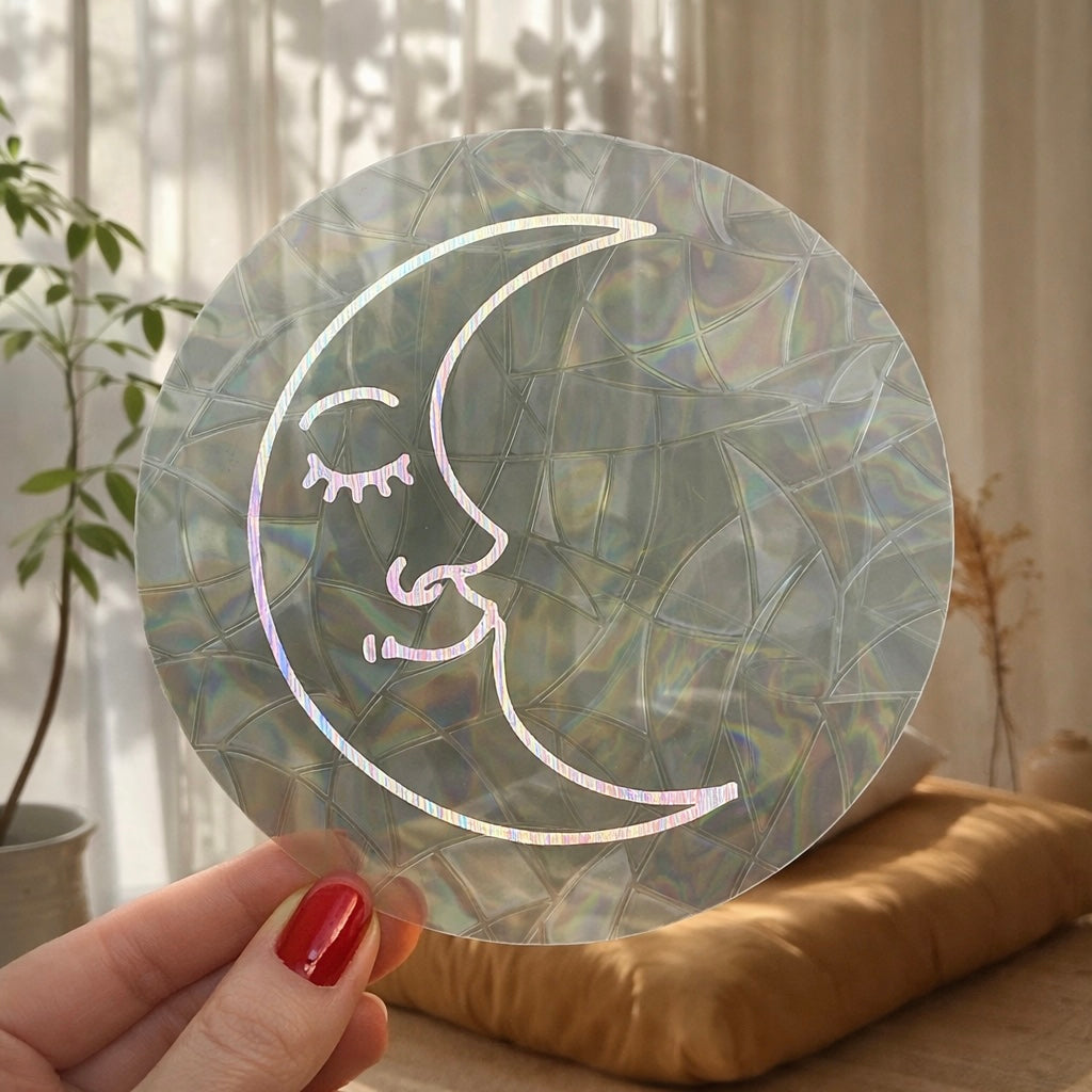 Croissant de lune souriante 🌈 Suncatcher Sticker 🌈 Autocollant Magique Attrape-Soleil