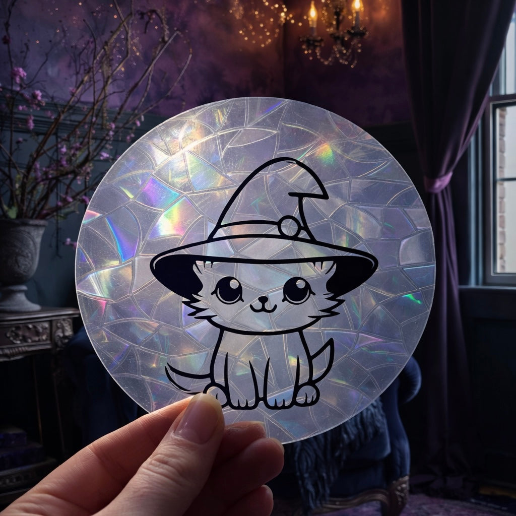 Chat Sorcier 🌈 Suncatcher Sticker 🌈 Autocollant Magique Attrape-Soleil