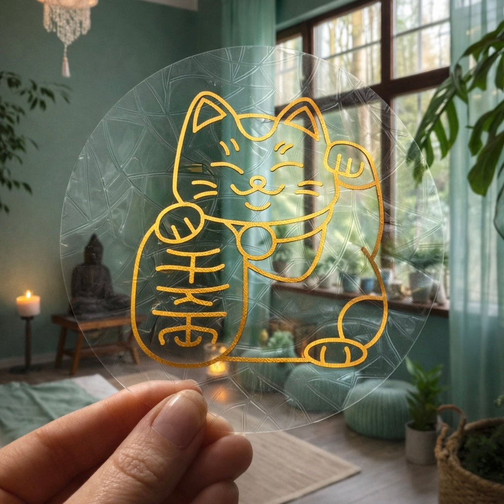 Chat Maneki-Neko 🌈 Suncatcher Sticker 🌈 Autocollant Magique Attrape-Soleil