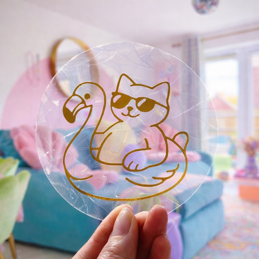 Chat bouée flamant rose 🌈 Suncatcher Sticker 🌈 Autocollant Magique Attrape-Soleil