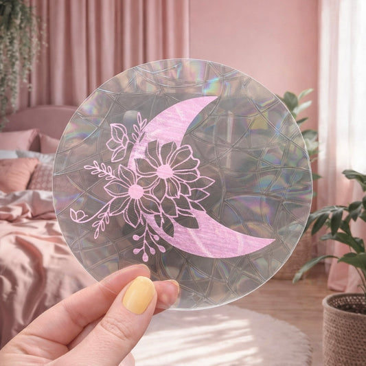 Lune et fleurs 🌈 Suncatcher Sticker 🌈 Autocollant Magique Attrape-Soleil