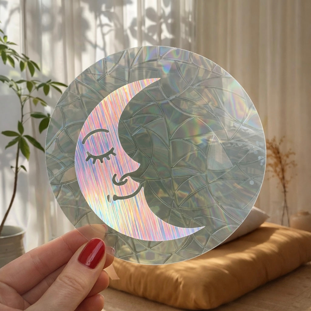 Croissant de lune souriante pleine 🌈 Suncatcher Sticker 🌈 Autocollant Magique Attrape-Soleil