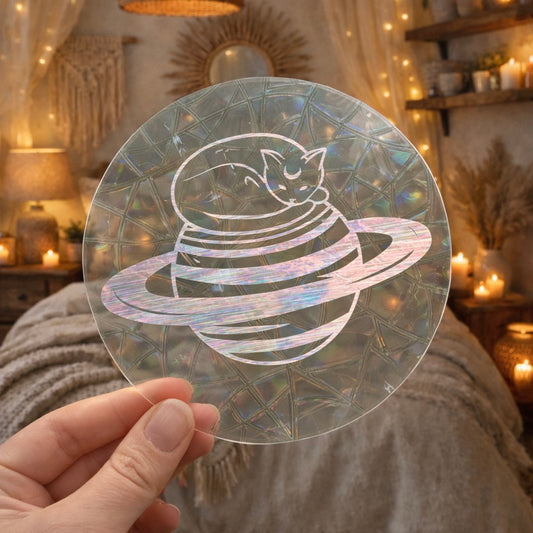 Planète chat lune 🌈 Suncatcher Sticker 🌈 Autocollant Magique Attrape-Soleil