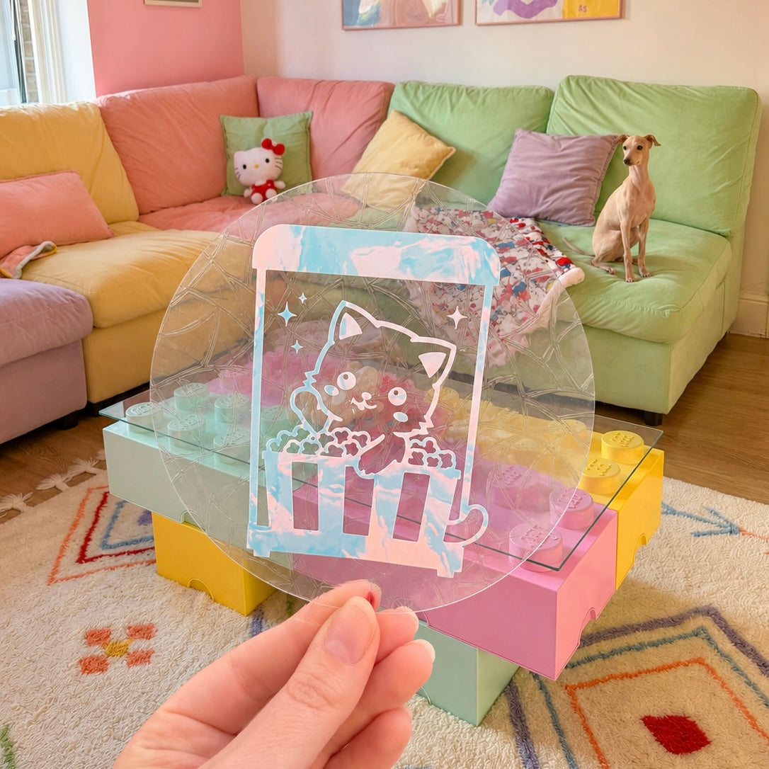 Chat Distributeur Pop Corn 🌈 Suncatcher Sticker 🌈 Autocollant Magique Attrape-Soleil