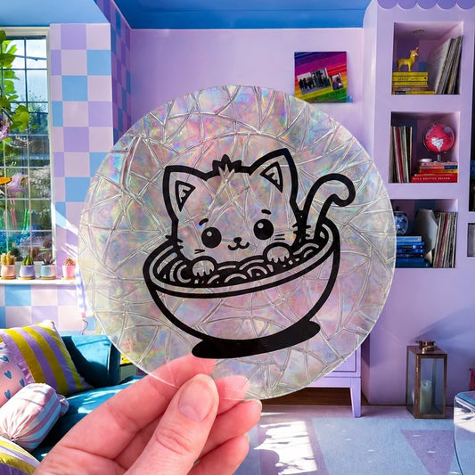 Chat Ramen 🌈 Suncatcher Sticker 🌈 Autocollant Magique Attrape-Soleil