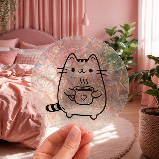 Chat Tasse 🌈 Suncatcher Sticker 🌈 Autocollant Magique Attrape-Soleil